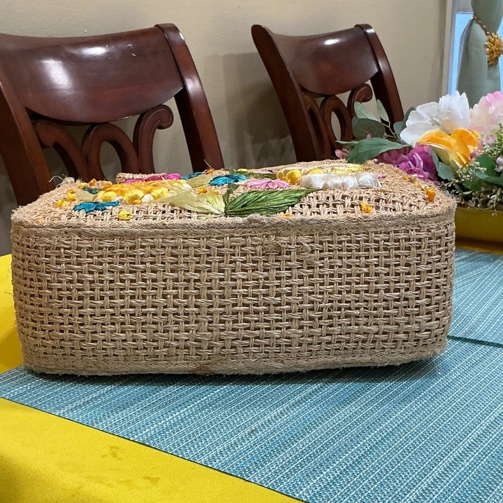Cabana Tote Bag Vintage OS Tan Woven Straw Floral Embroidered Basket Bag - Picture 9 of 11